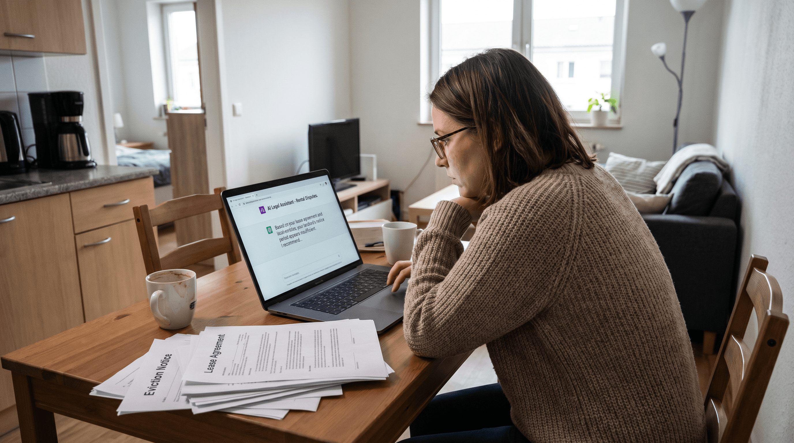 Mieterin am Küchentisch prüft mit dem AI Legal Assistant die Kündigung neben Mietvertrag und Kündigungsschreiben.